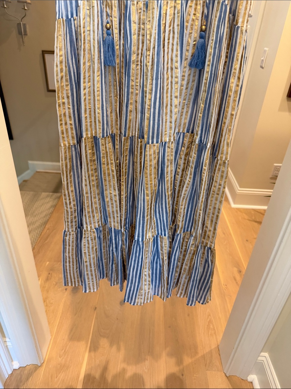 Oliphant Sleeveless Blue cream and gold Striped Tiered Maxi Dress - Picture 6 of 11